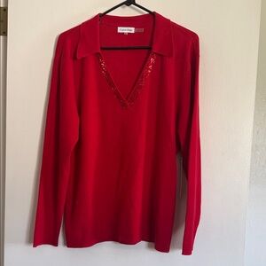 Calvin Klein Bright Red V-Neck Sweater with Sequin Trim